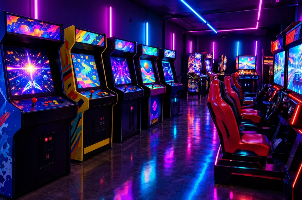 Neon arcade machines in the arcade zone