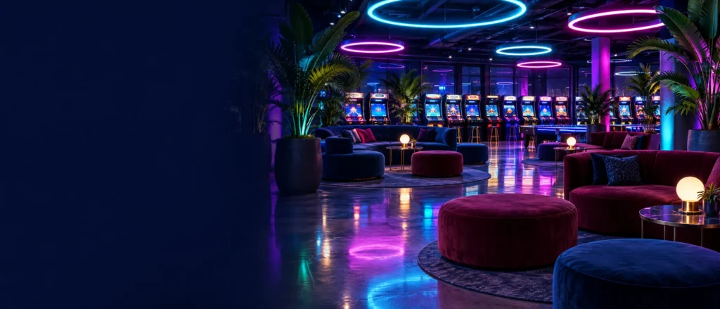 Family lounge with seating and arcade games