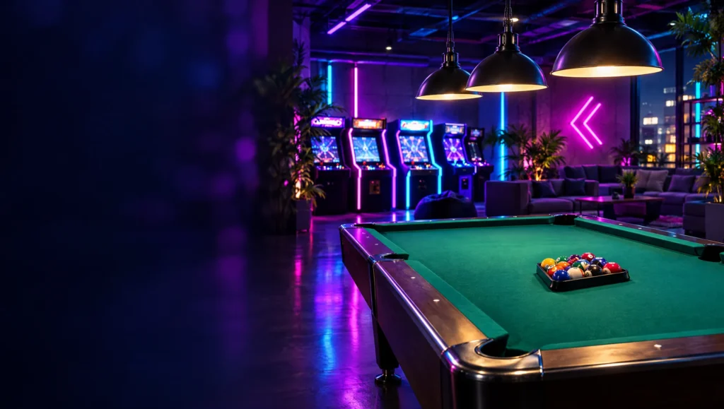 Pool table and neon arcade lounge at Playverse Reno in Ypsilanti
