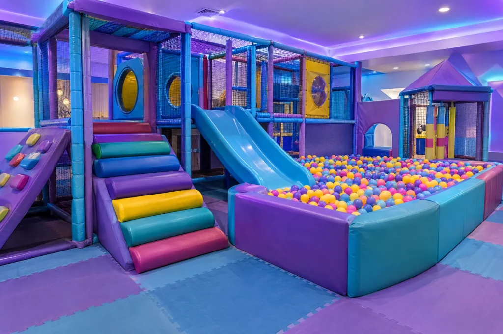 Kids indoor play area with a ball pit and slide