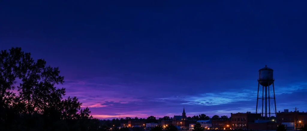 Ypsilanti, Michigan skyline at dusk with the water tower